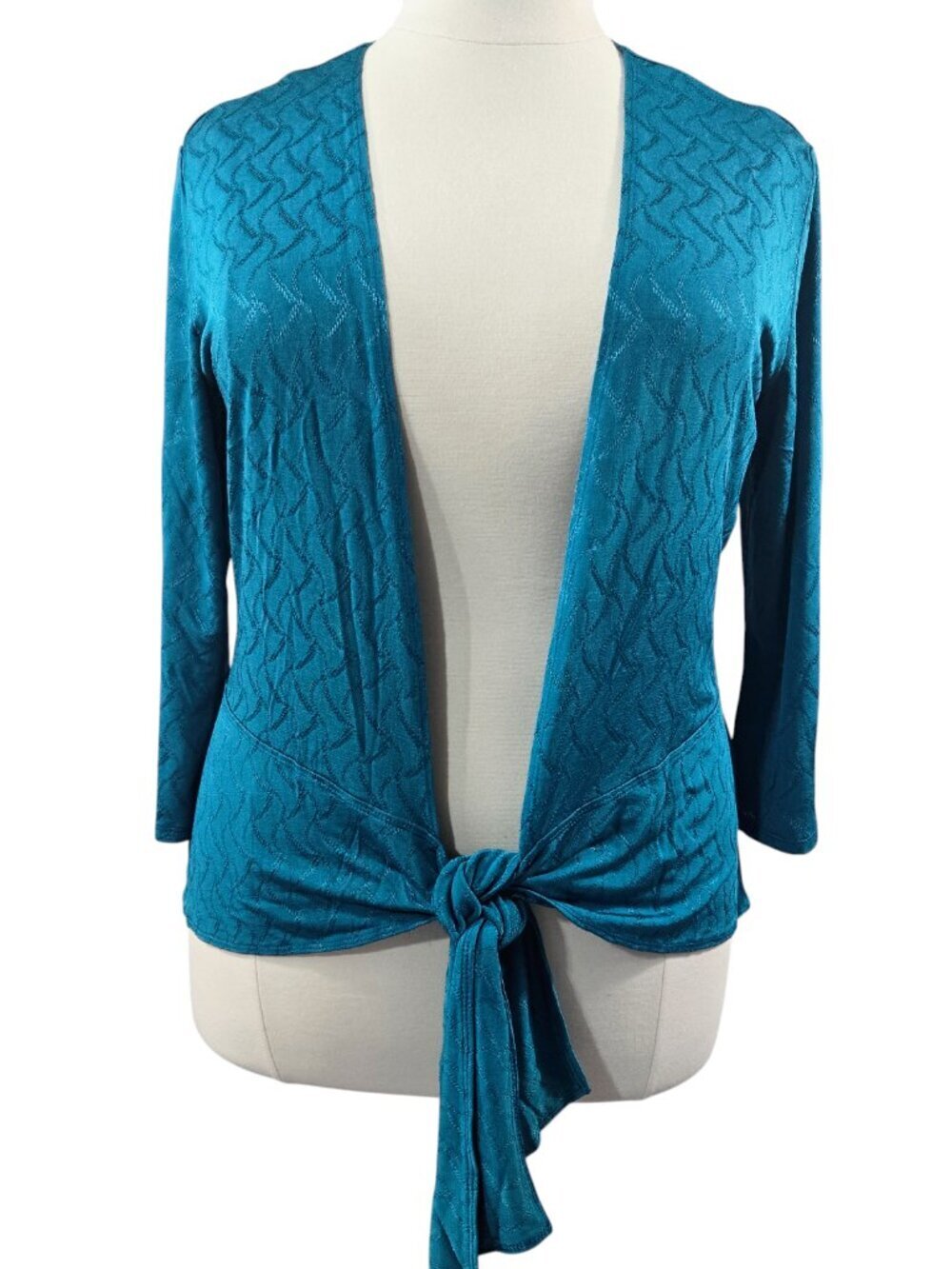 Vintage Chico's Travelers Teal Wavy Tie Front Slinky Knit Lightweight Cardigan